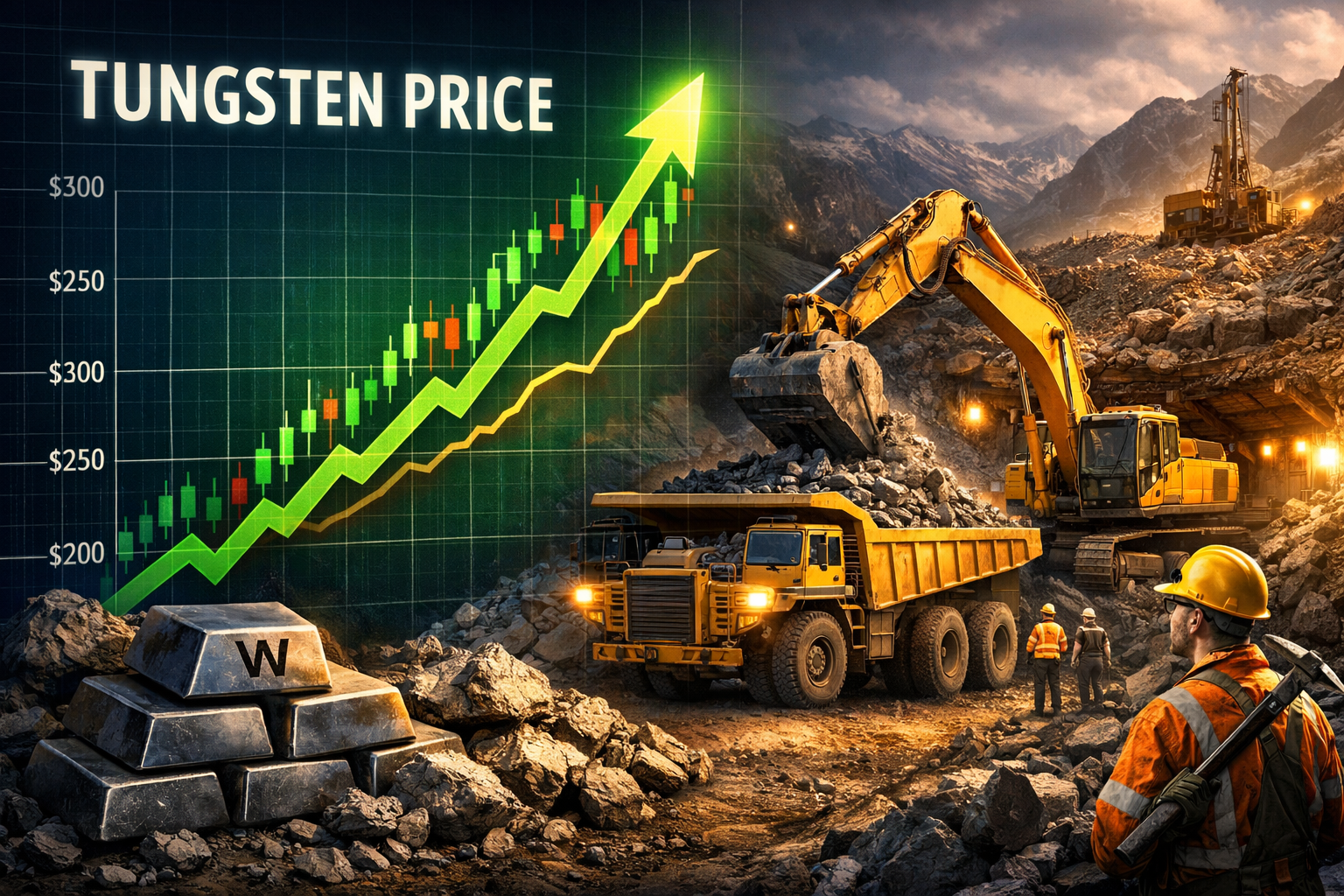 Graph showing rising tungsten price with mining equipment and workers in mountainous mine